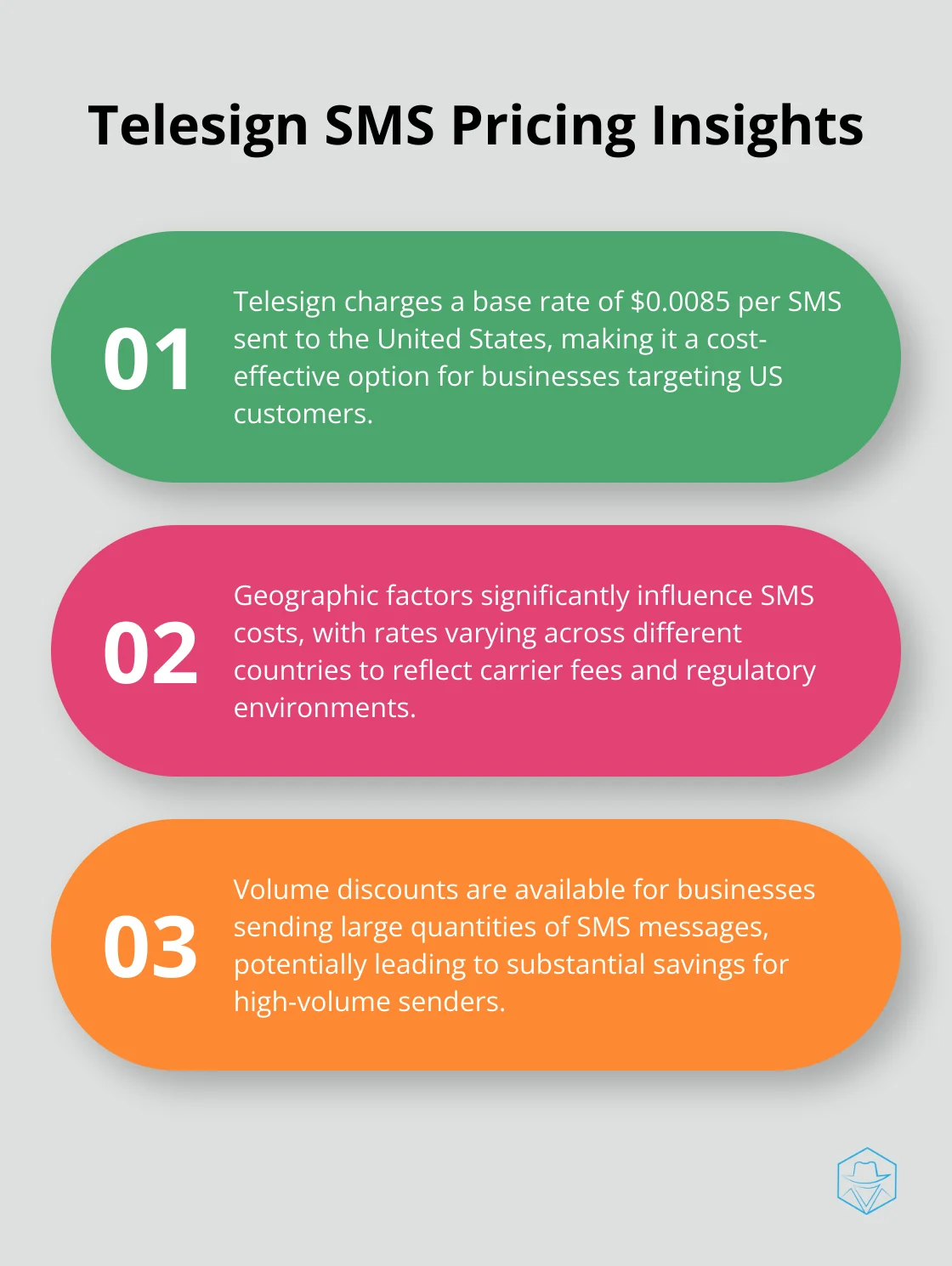 Chart showing key insights about Telesign's SMS pricing, including base rate for US and factors affecting costs - telesign sms pricing