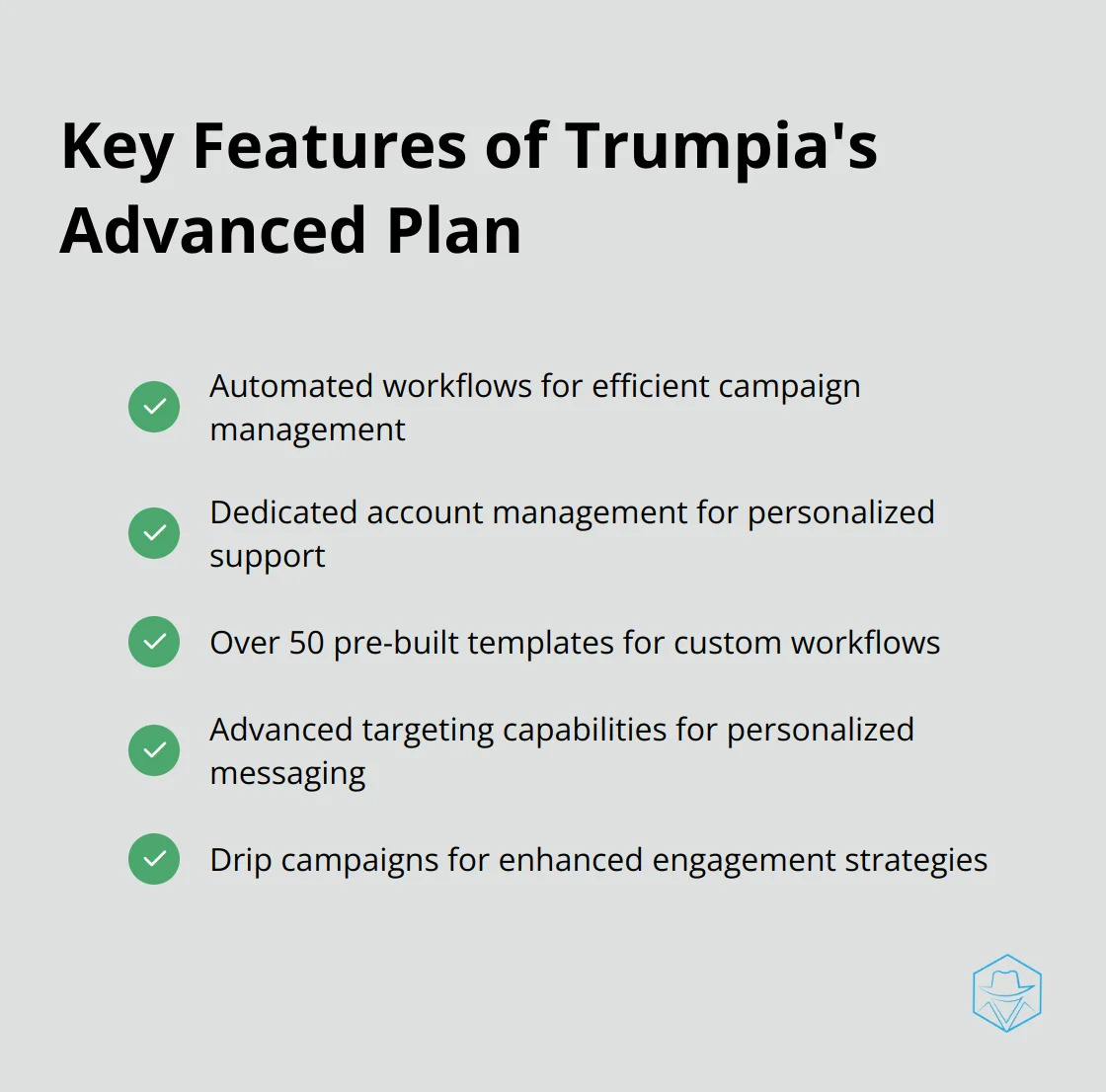 A checkmark list showing the main features of Trumpia's Advanced Plan, including automated workflows, dedicated account management, and pre-built templates - trumpia pricing
