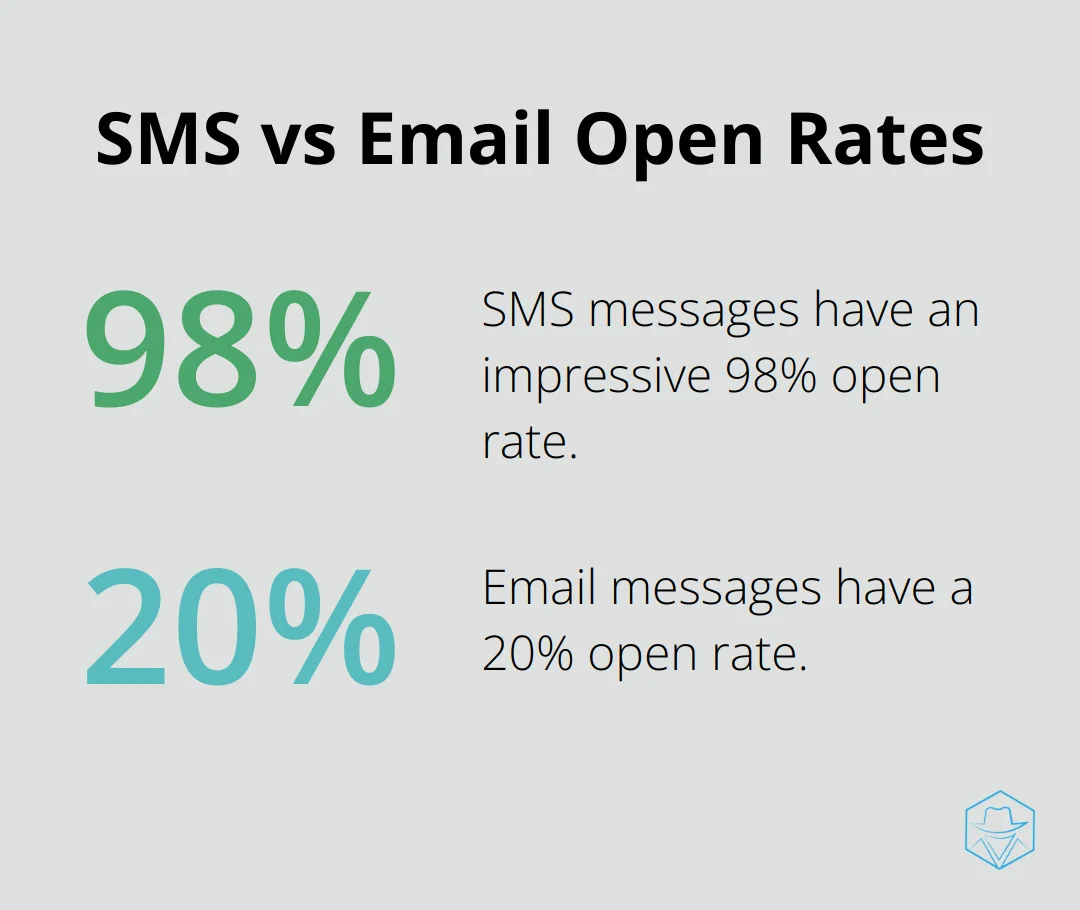 Chart comparing SMS open rate of 98% to email open rate of 20% - trumpia texting