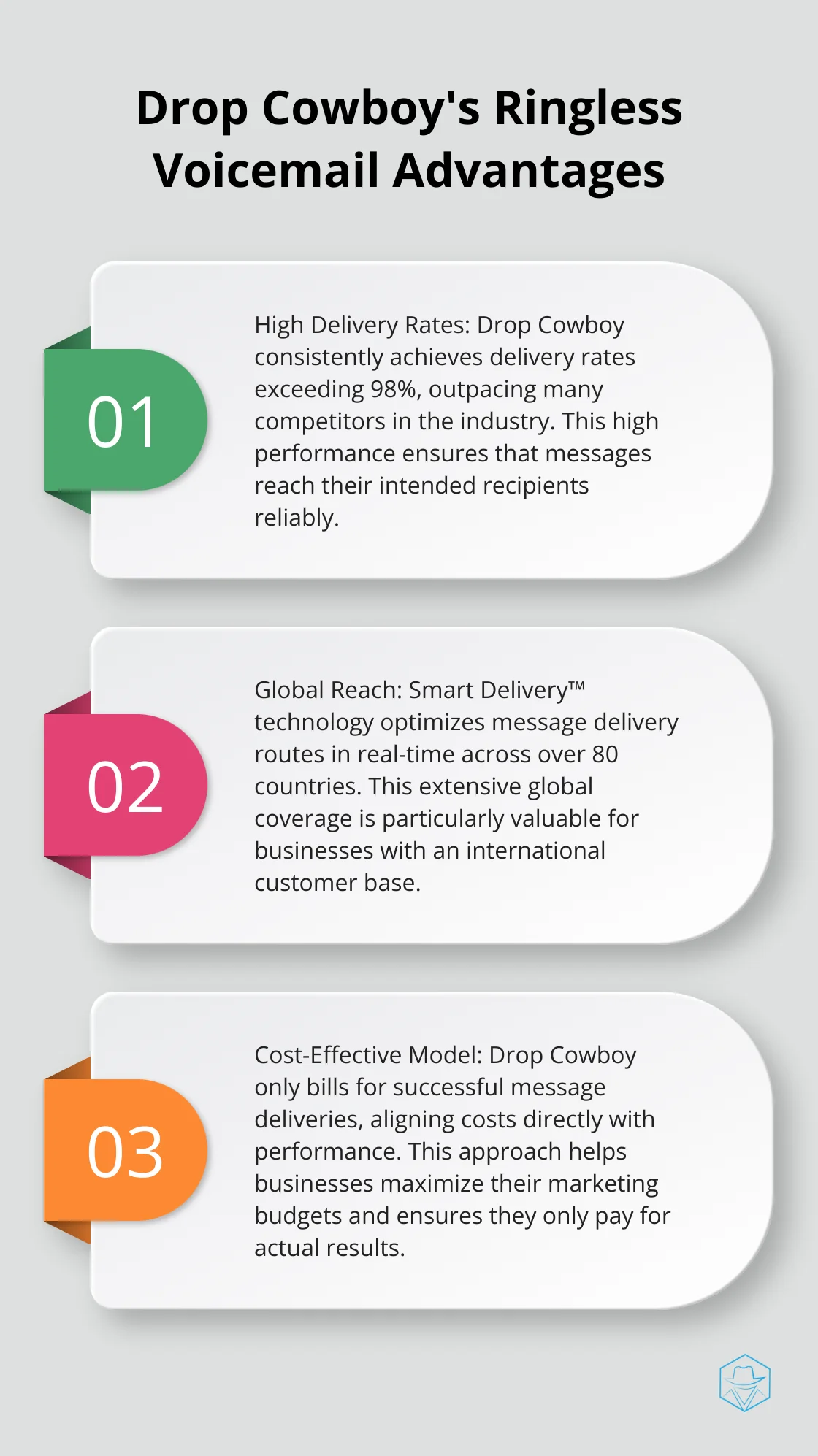 Ordered list chart showing Drop Cowboy's high delivery rates, global reach, and cost-effective model