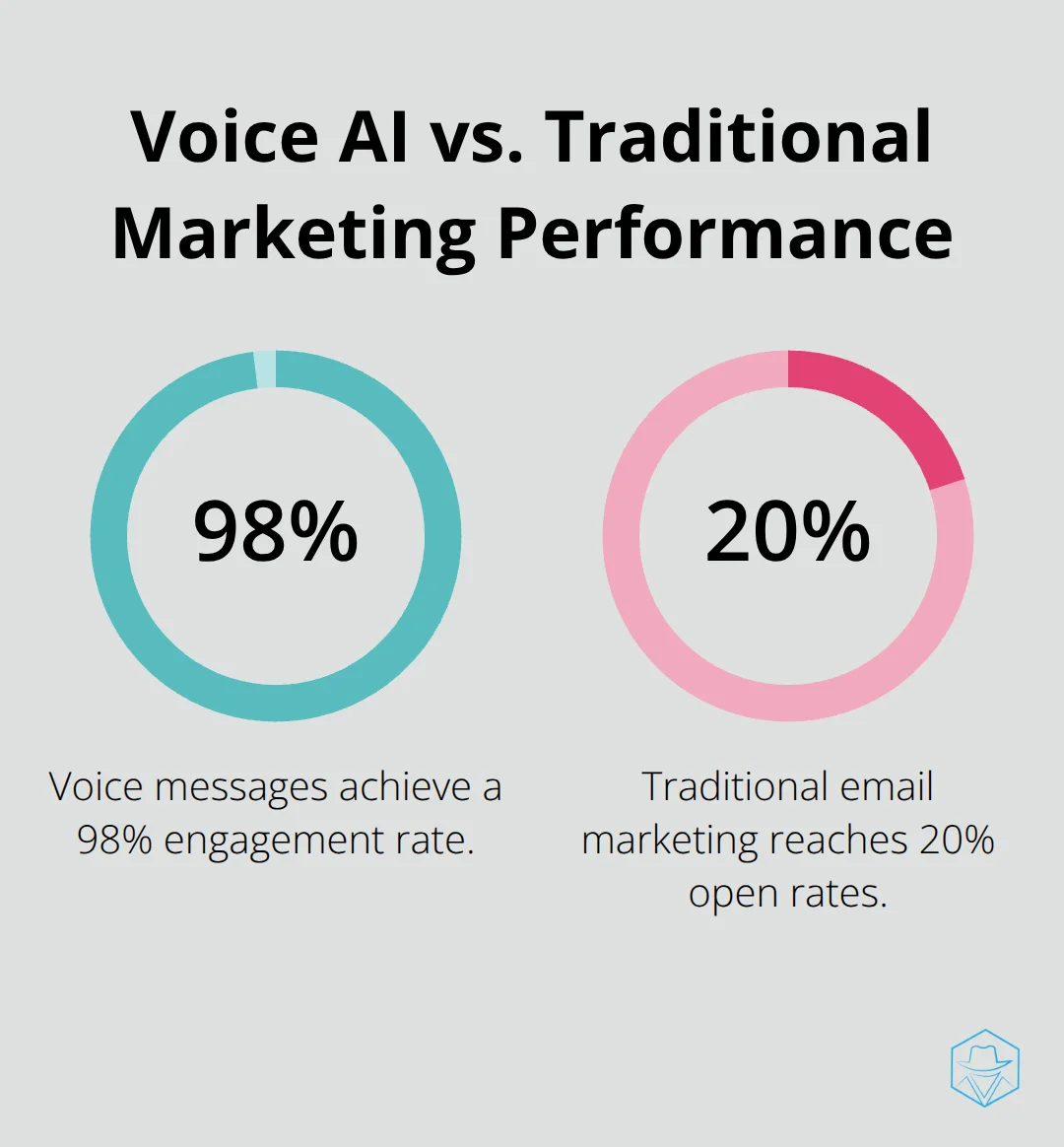 Chart comparing performance metrics of voice AI and traditional marketing methods, showing 98% engagement rate for voice messages vs. 20% open rate for email marketing.