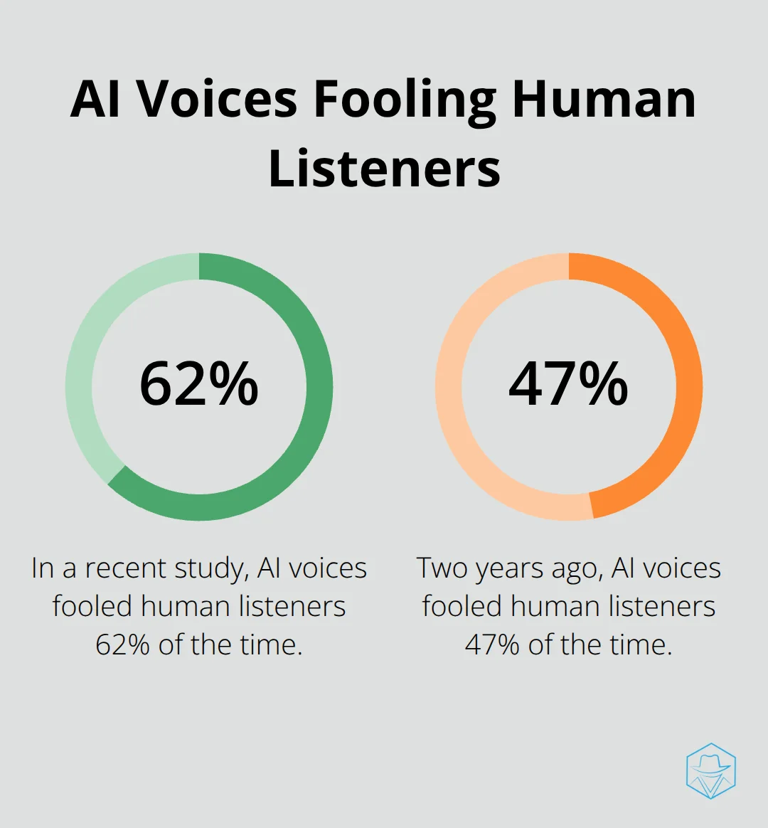 A percentage chart showing the increase in AI voices' ability to fool human listeners from 47% two years ago to 62% in a recent University of Edinburgh study. - Voice authenticity