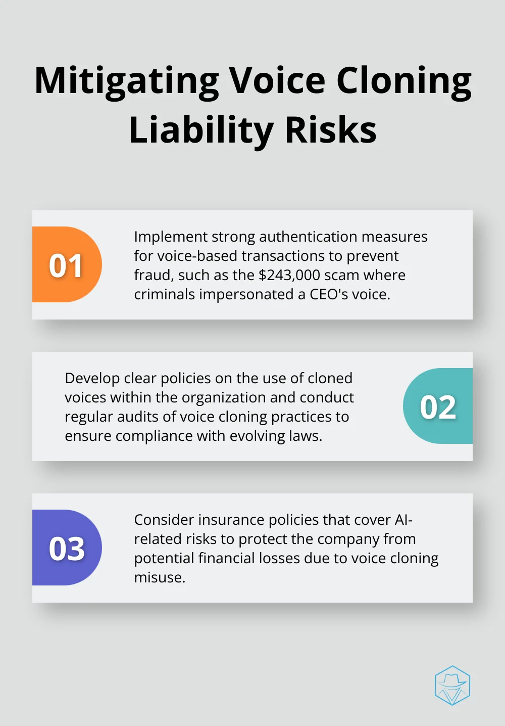 Chart showing steps to mitigate liability risks in voice cloning technology - Voice cloning ethics