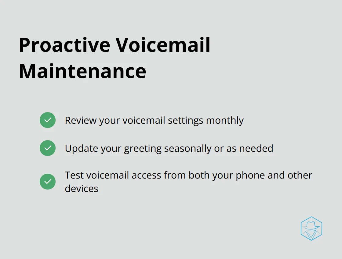 Checkmark list of proactive voicemail maintenance steps: review settings monthly, update greeting seasonally, test access from multiple devices.