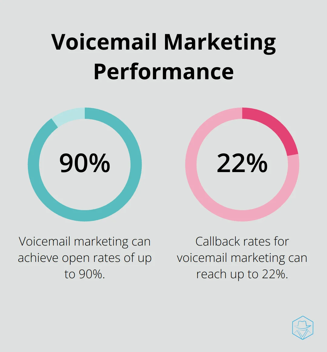 A percentage chart showing voicemail marketing can achieve open rates of up to 90% and callback rates ranging from 5% to 22%.