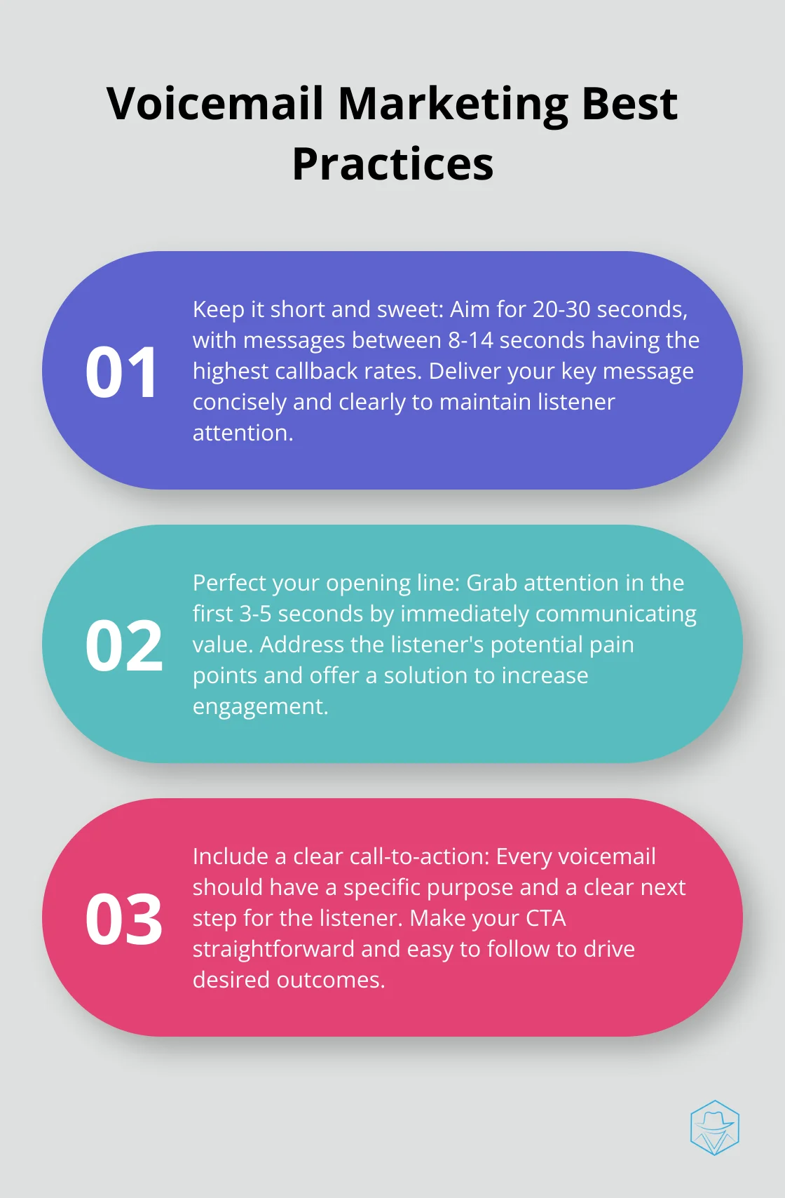 Ordered list of three best practices for creating effective voicemail marketing messages