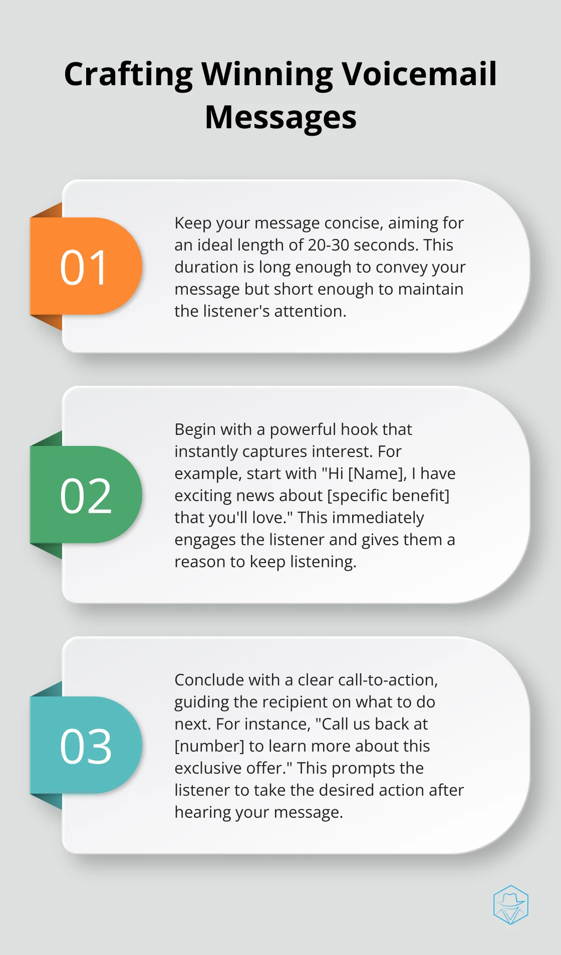 Three key points for creating effective voicemail messages: ideal length, powerful hook, and clear call-to-action