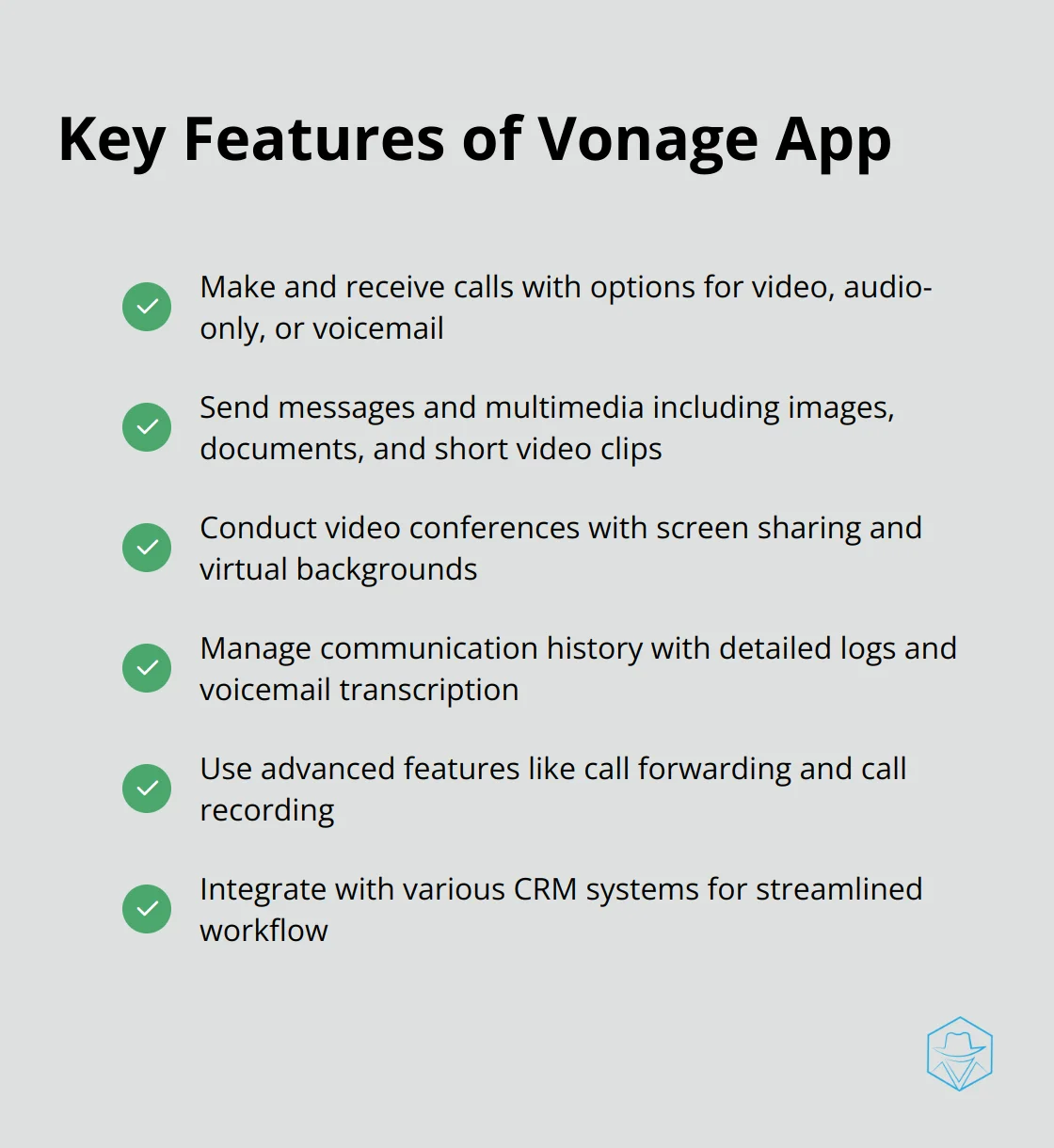 List of main features offered by the Vonage App for desktop