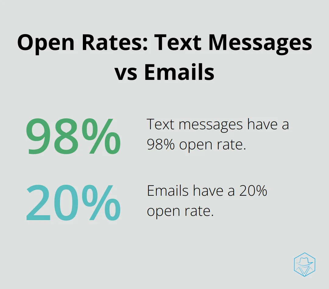Bar chart comparing 98% open rate for text messages with 20% open rate for emails - what does it mean if a call goes straight to voicemail