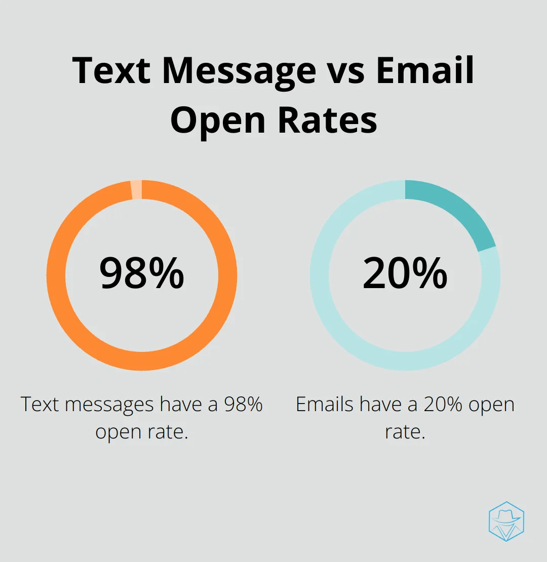 Bar chart comparing 98% open rate for text messages to 20% for emails - what does it mean when you call someone and it goes straight to voicemail