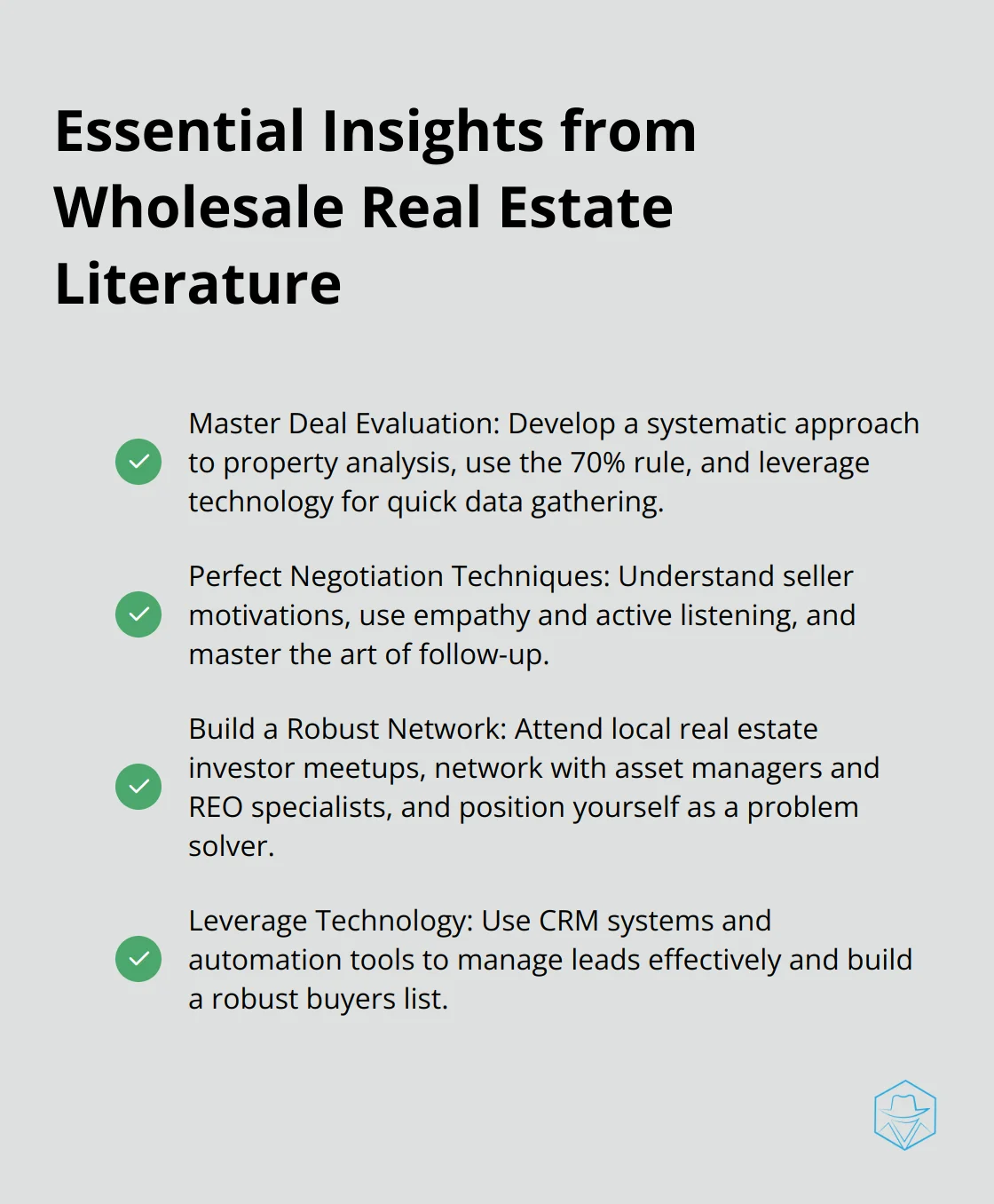 A checkmark list chart showing four key insights from wholesale real estate books: Master Deal Evaluation, Perfect Negotiation Techniques, Build a Robust Network, and Leverage Technology.