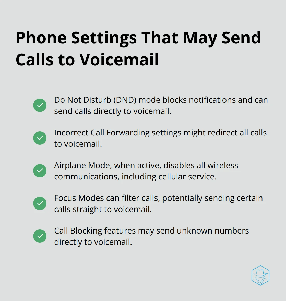A checkmark list showing phone settings that can cause calls to go straight to voicemail: Do Not Disturb, Call Forwarding, Airplane Mode, Focus Modes, and Call Blocking.
