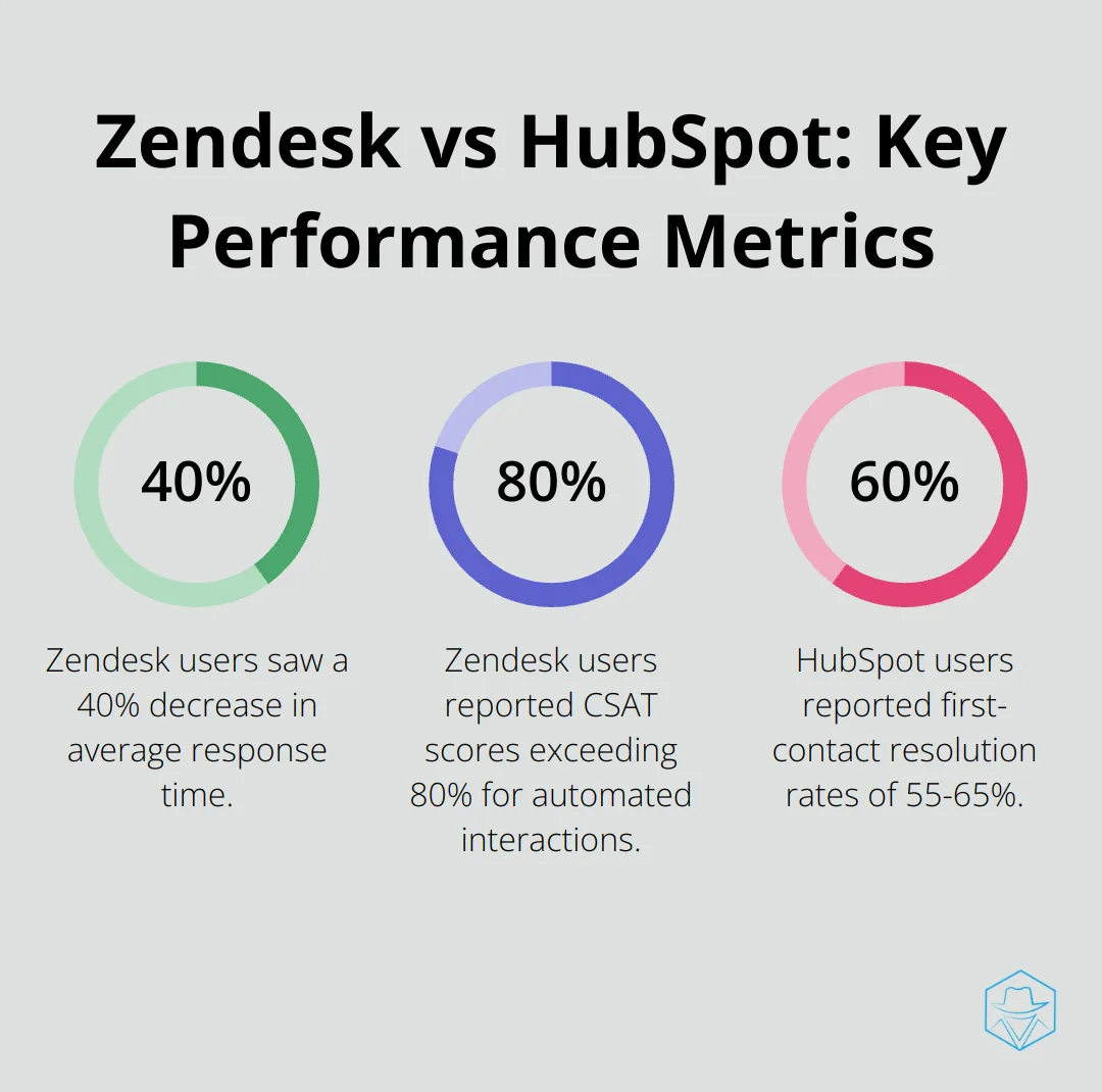 Chart comparing Zendesk's 40% decrease in response time and 80% CSAT score with HubSpot's 55-65% first-contact resolution rate - zendesk vs hubspot