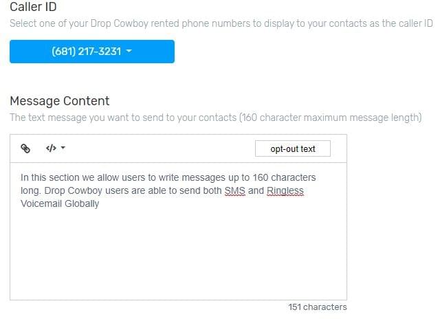 Caller ID input form and message content box